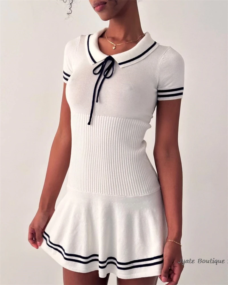 

Lapel Lace-up Knit Short Dress 2024 New Fashion Casual A-line Mini Dress For Women Academic Style Pleat Summer Female Vestidos