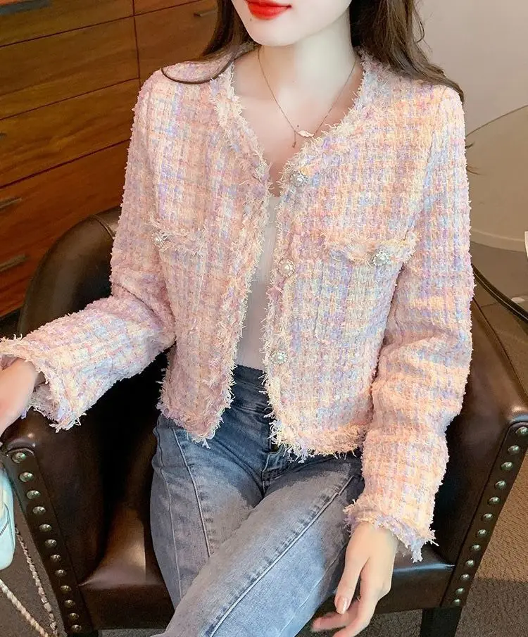 

Tweed Jacket Fringe Womens Autumn Embroidered Cotton Pockets Crop Placket Minimalist Tailored Pure Korean Style Elegant Harajuku
