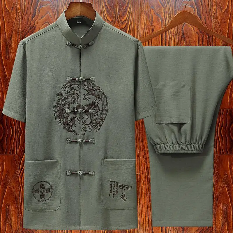 Hand Button Cotton And Linen Men Tang Suit Short Sleeve Traditional Mandarin Collar Vintage Embroidery Kong Fu Clothing