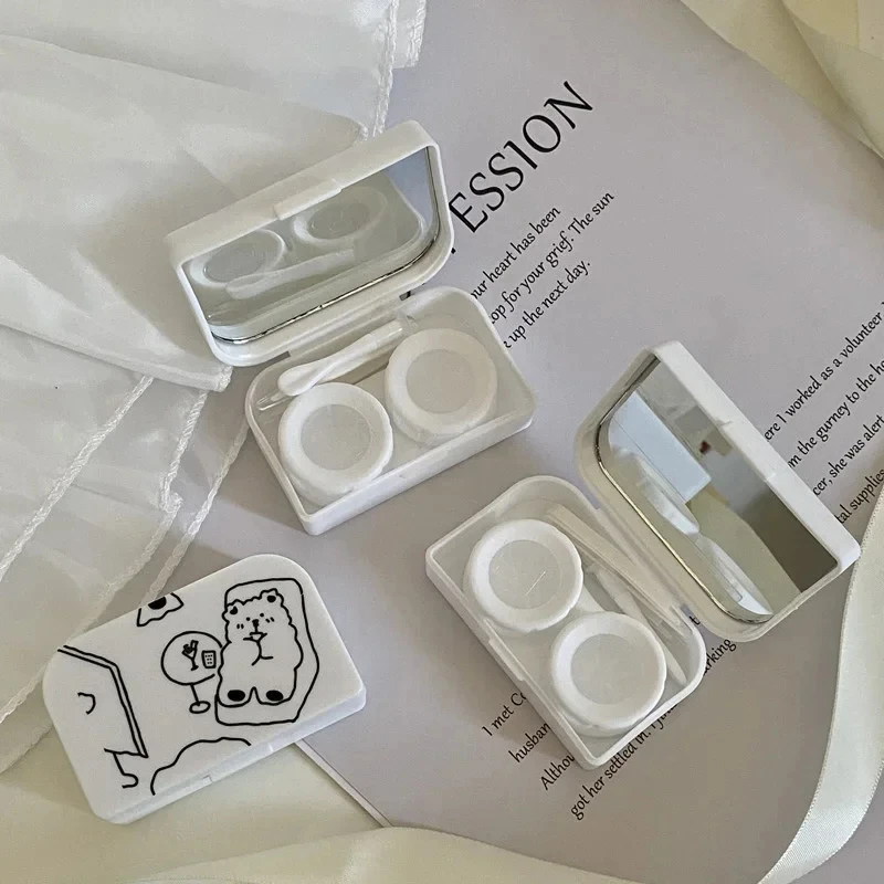 Étui à lentilles de contact de dessin animé avec miroir, mini boîte à lentilles de contact, joli soin des yeux, kits de voyage, accessoires pour lunettes, évaluation