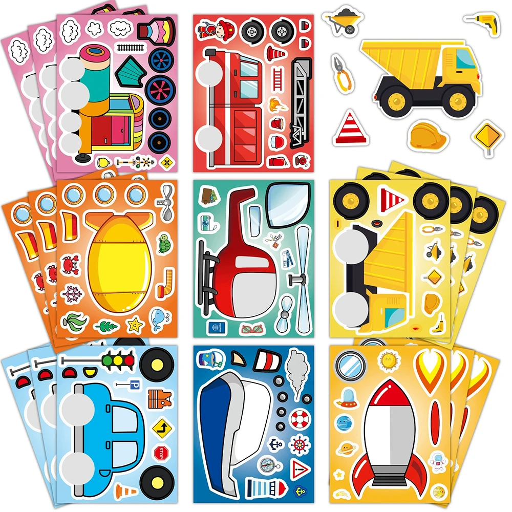 8/16 Blatt Kreative DIY Puzzle-Aufkleber Transportfahrzeuge Gesichter Zusammenbauen Puzzle Cartoon-Aufkleber Lustige Dekorations-Spielzeuge