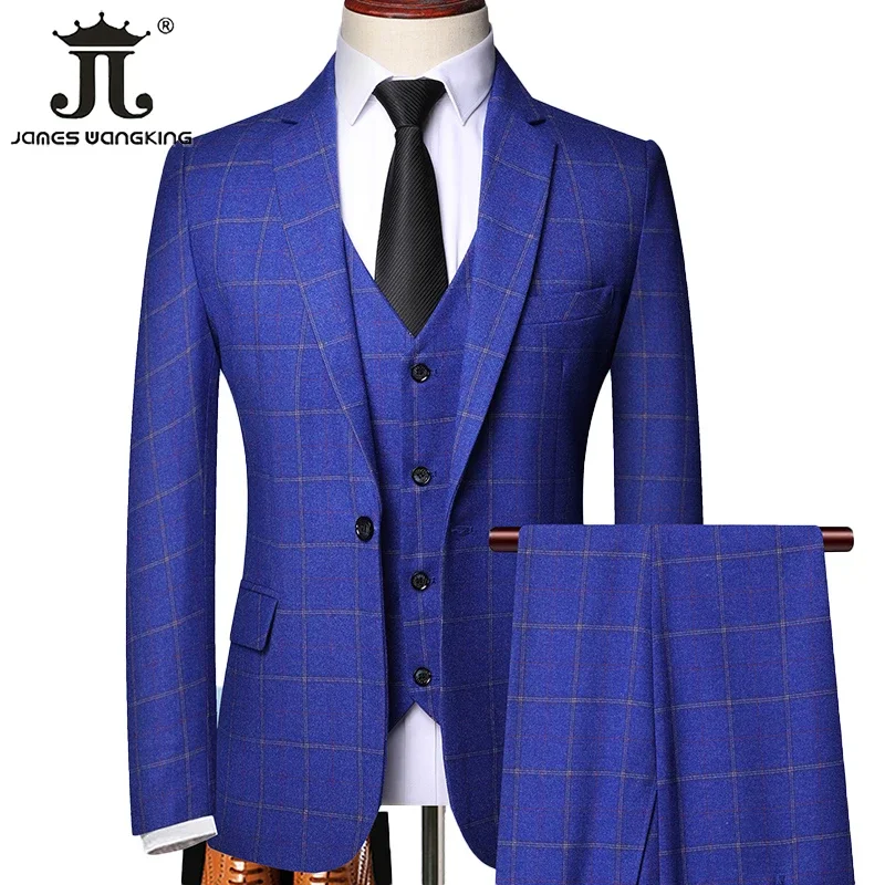 Blazer gilet pantaloni Boutique Plaid uomo formale sposo abito da sposa vestito sottile 3 pezzi o 2 pezzi abito da lavoro Casual da uomo smoking