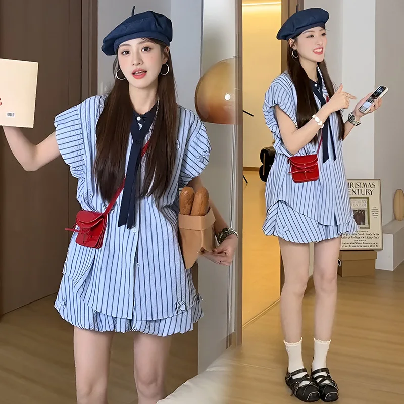 Official Picture Korean Department College Style Striped Shirt Summer Small Men Wear Complete Set of Bud Skirts Two-piece Women