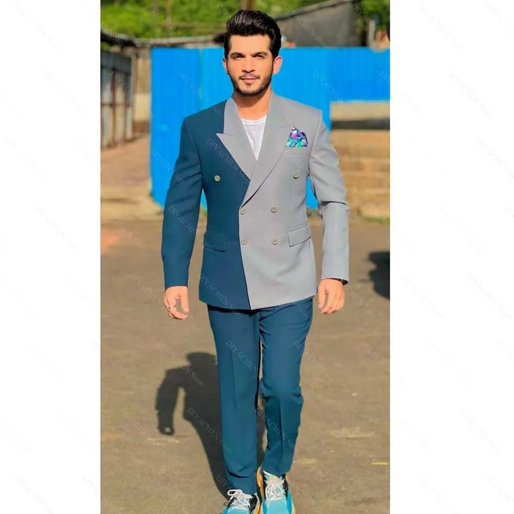 Chic Patchwork Men Suits Fashion Peak Lapel Double Breasted Suit Two Piece Latest Design Casual Daily Slim Wedding Party Tuxedo