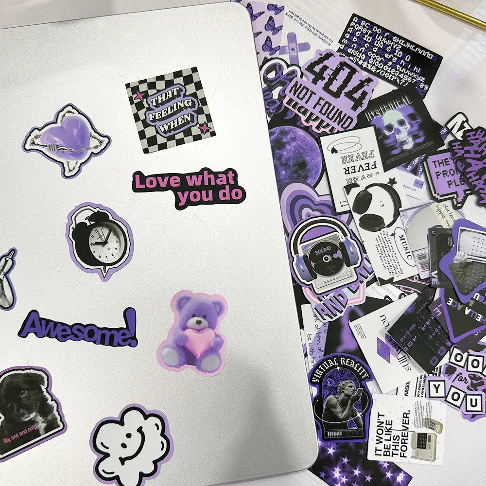 60PCS Korean Ins Style Sweet Cool Black Purple Waterproof Graffiti Stickers for Helmet Bicycle Hand Account Pencil Case Decals