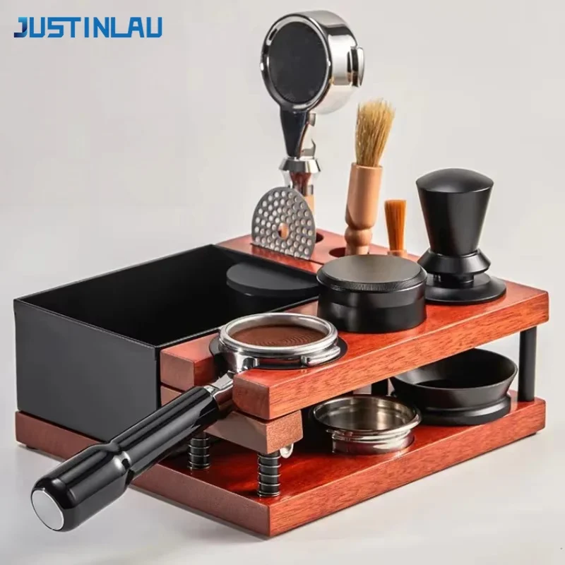 JUSTINLAU Spring Coffee Tamper Holder with Knock Box Dual-layer Wood Distributor Universal Portafilter&Puck Screen Storage Base