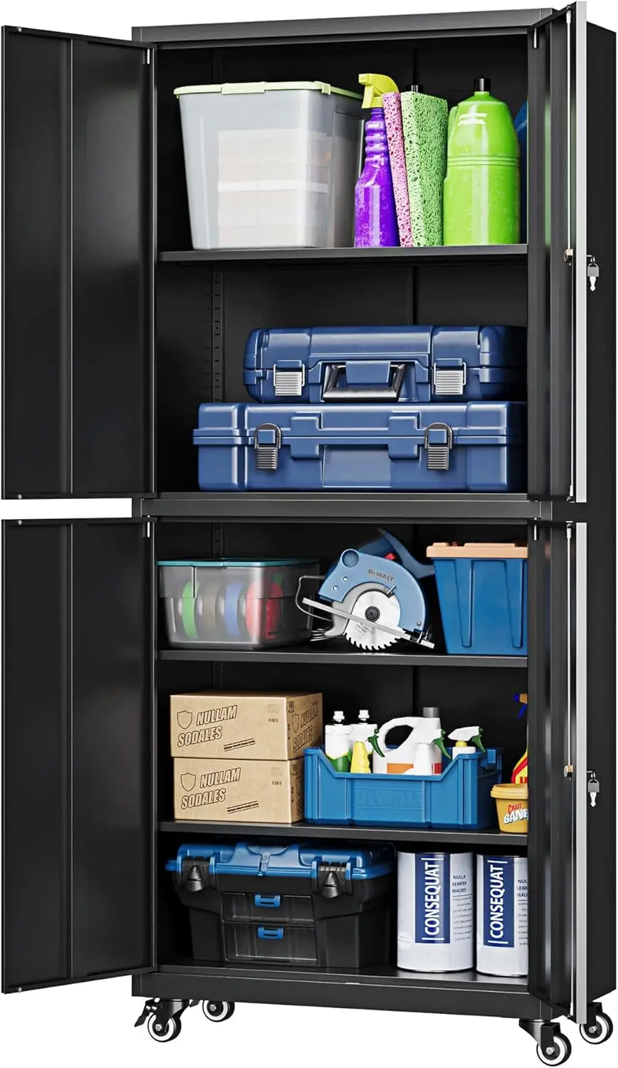 

Metal Garage Storage Cabinet with Locking Doors and Adjustable Shelves, Rolling Tool Storage Cabinet with 4 Wheels, 73" Steel Lo