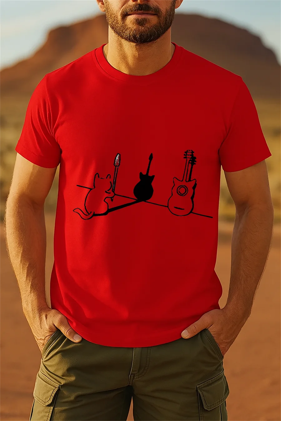 تي شيرت صيفي كاجوال ومريح برقبة دائرية وطباعة قطة جيتار، قميص رجالي عصري بلون سادة بأكمام قصيرة #5