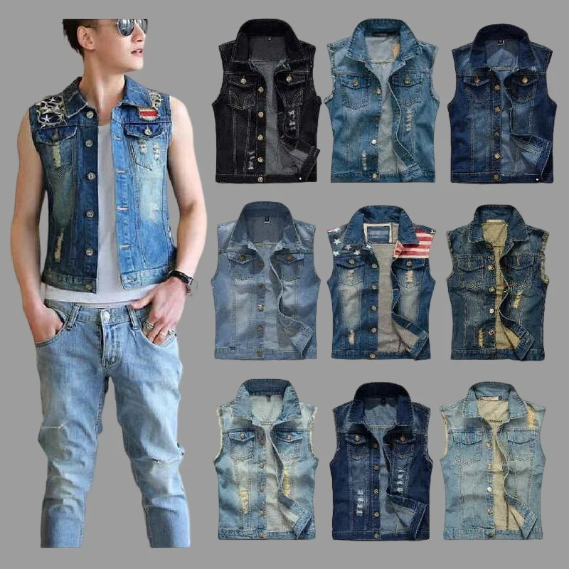 Men Sleeveless Ripped Jean Jackets Denim Vests Cowboy Waistcoat Multiple Colors Slim Type Waistcoat