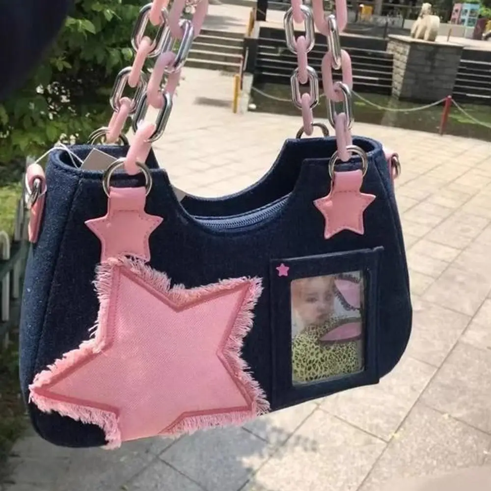 Y2K Vintage Korean Fashion Shoulder Underarm Harajuku Star Tote Denim Bag Chain Ladies Bags Zip Purses Handbags Women