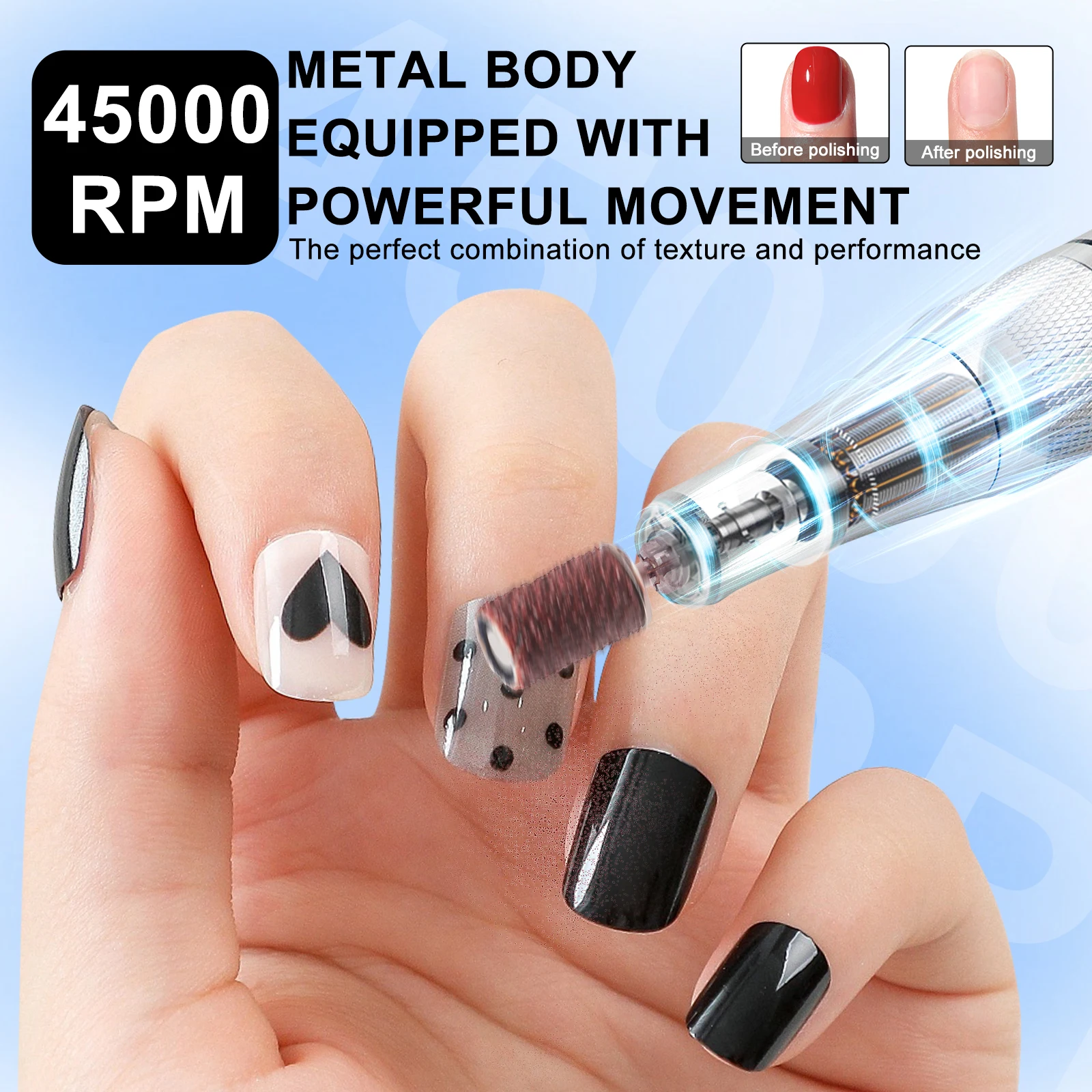 ماكينة حفر أظافر كهربائية 45000 دورة في الدقيقة، ماكينة طلاء أظافر قابلة لإعادة الشحن لمعدات مبرد أظافر احترافي من الأكريليك