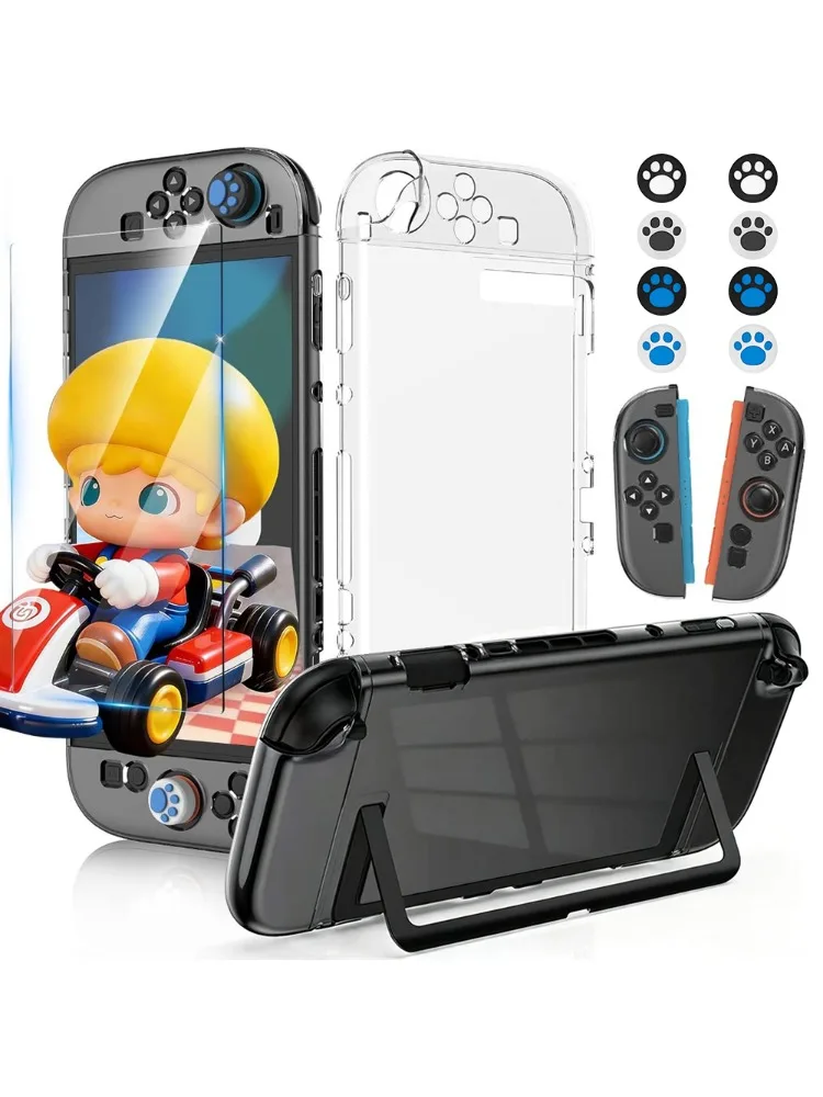 Zestaw ochronny 10 w 1 do Switch 2, przezroczyste, dzielone etui PC z twardego tworzywa, 1 sztuka szkła hartowanego Ultra HD odpornego na stłuczenia, 8 nakładek na gałki analogowe. — zdjęcie produktu 7