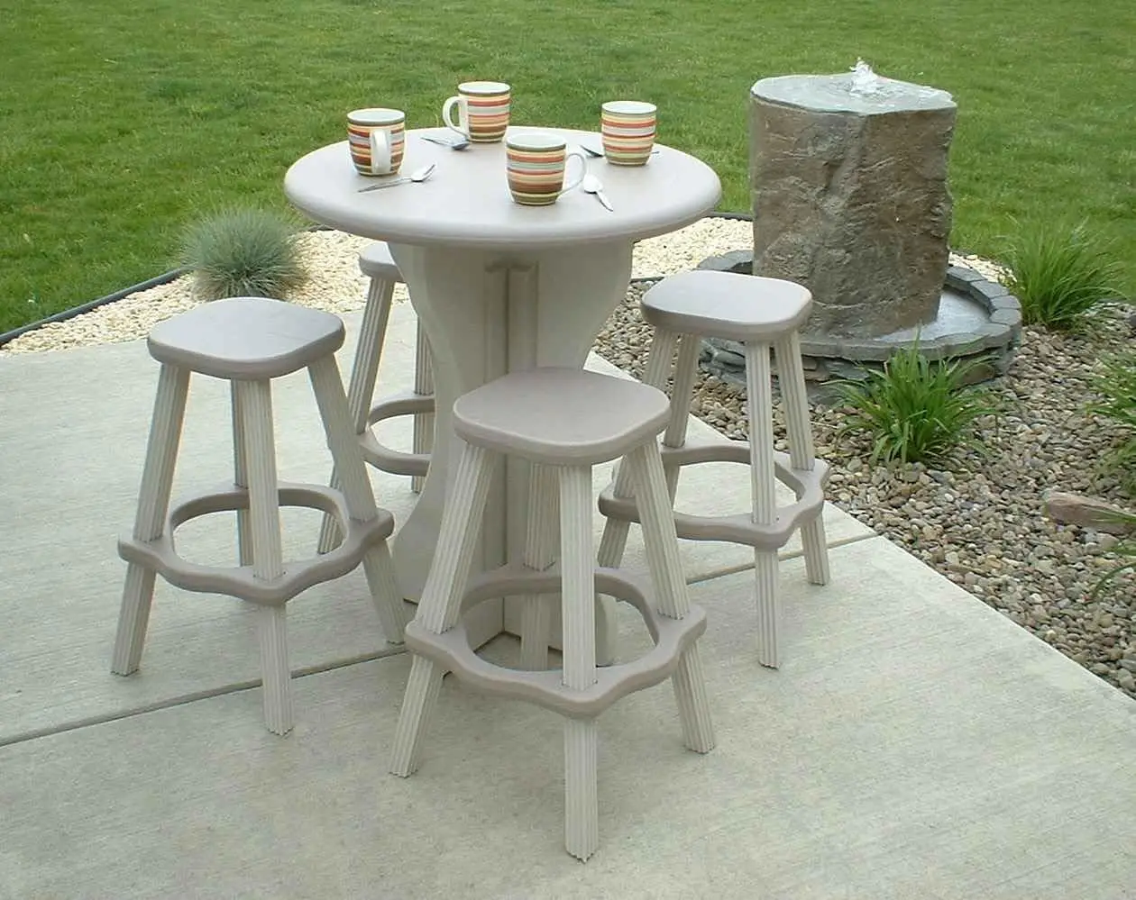 Patio Table Set with Four Barstools Warm Grey Base with Deep Grey Accents Perfect for Outdoor Spaces Hardware Free Easy Assembly