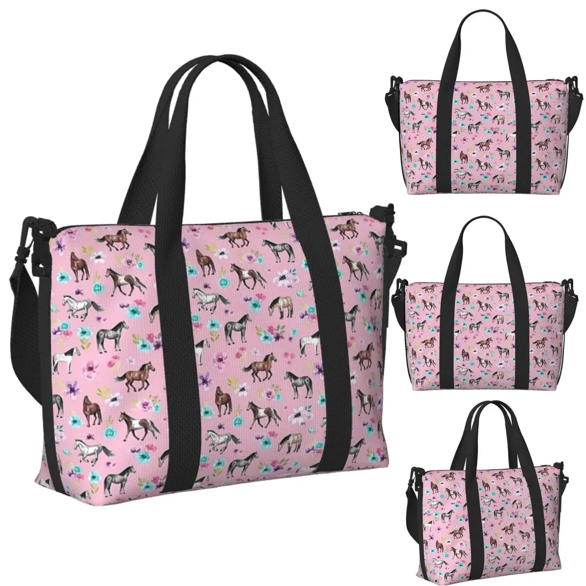 

Horses And Flowers On Pink Beach Travel Bag Large Capacity Tote Bags for Gym Yoga Women Shopping Duffle Shoulder Bag
