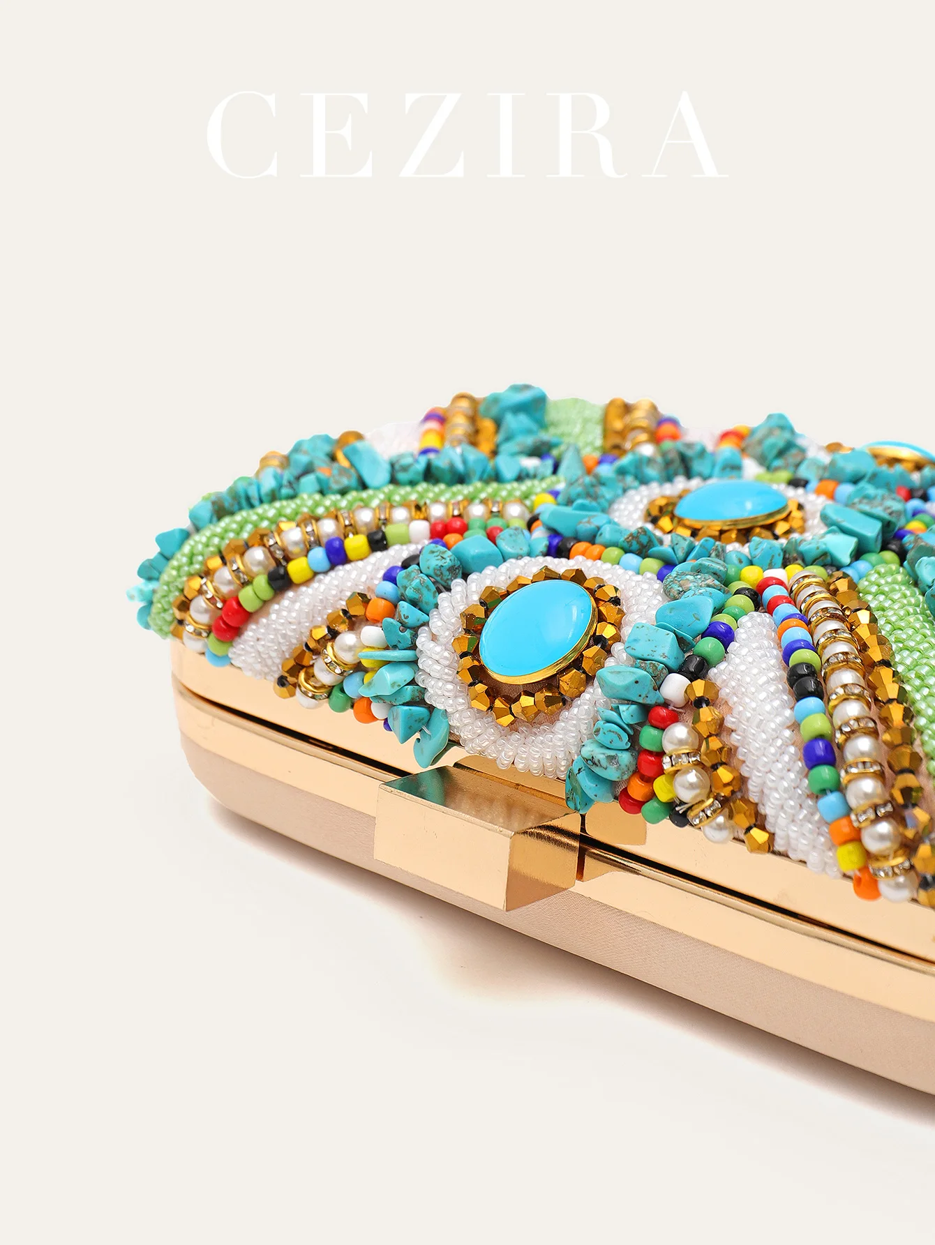 CEZIRA Women's Glamorous Luxury Colorful Beads Pearls Clutch Metal Frame Case Evening Bag Long Chain Purse Party Wedding Holiday view 3