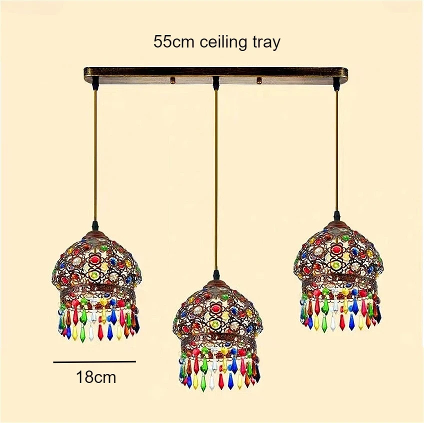 Bohemian Decor Turkish 3-Light Chandelier，Vintage Colored Diamond Glass Pendants, Mediterranean Restaurant Cafe Pendant Lamp