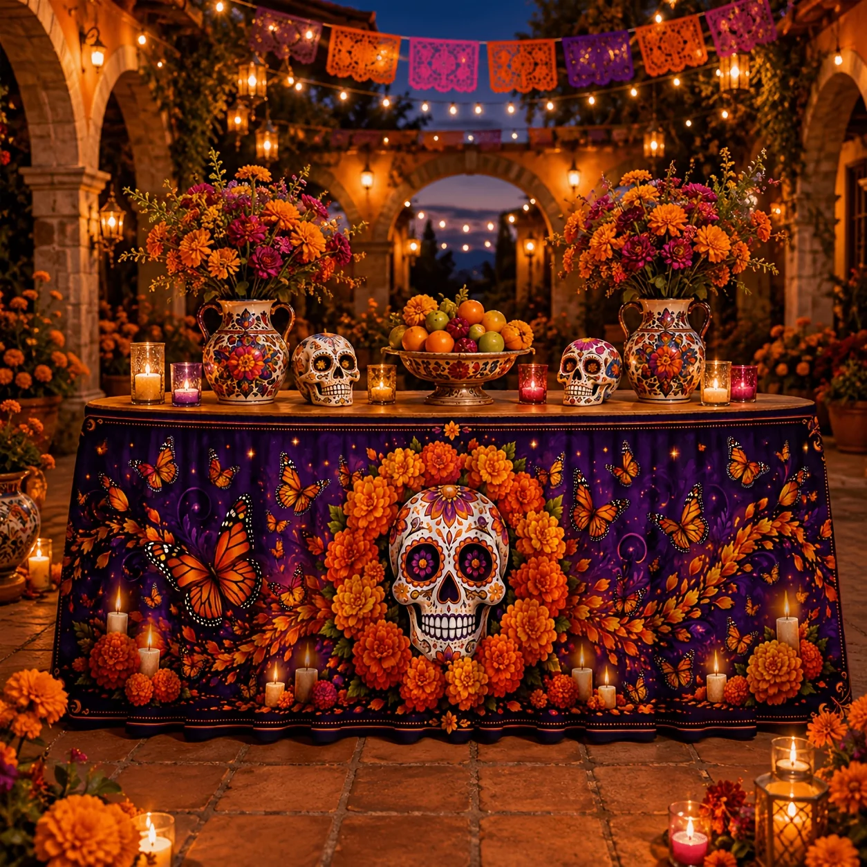 1 tablecloth table skirt, Day of the Dead sugar skull marigold flower butterfly candle retro picture frame print decoration
