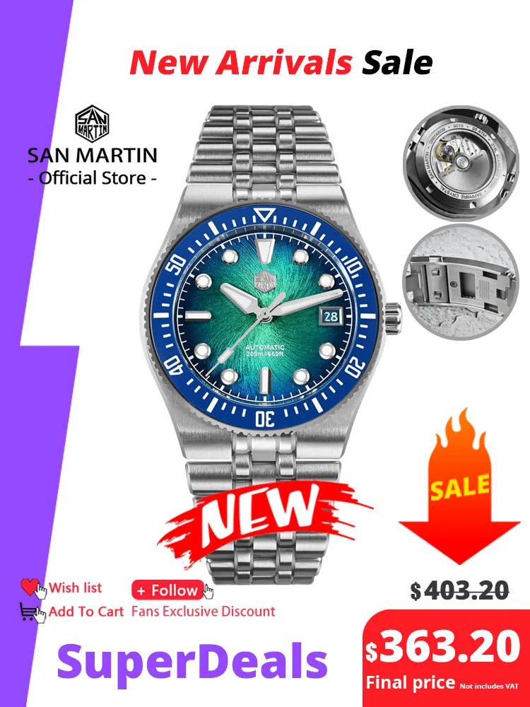 San Martin 40mm quadrante a spirale smaltato braccialetto integrato orologio da sub da uomo Miyota 9015 meccanico automatico impermeabile 200m SN0148