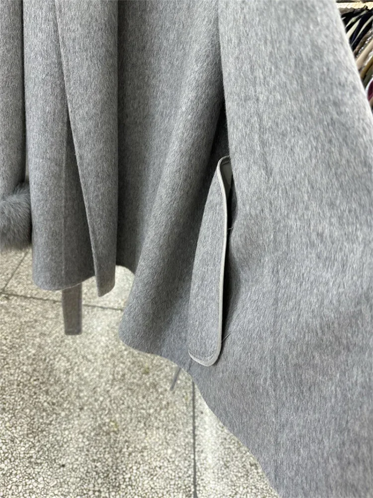 جديد الطبيعية الثعلب الفراء سميكة الوجهين معطف الصوف الإناث قصيرة الخريف الشتاء فضفاض الدانتيل متابعة المعاطف الصوفية النساء معاطف الموضة