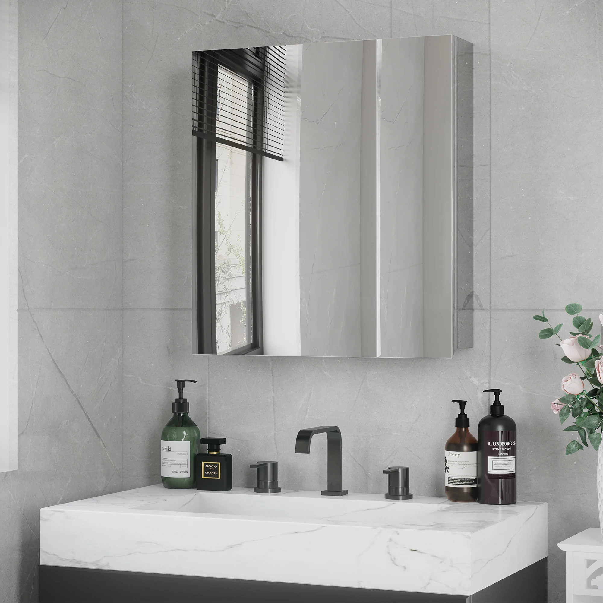 kleankin Wall-Mounted Medicine Cabinet with Mirror, Bathroom Mirror Cabinet Wall Mounted with Hinged Door, Storage Shelves for Living Room and Laundry Room, 21