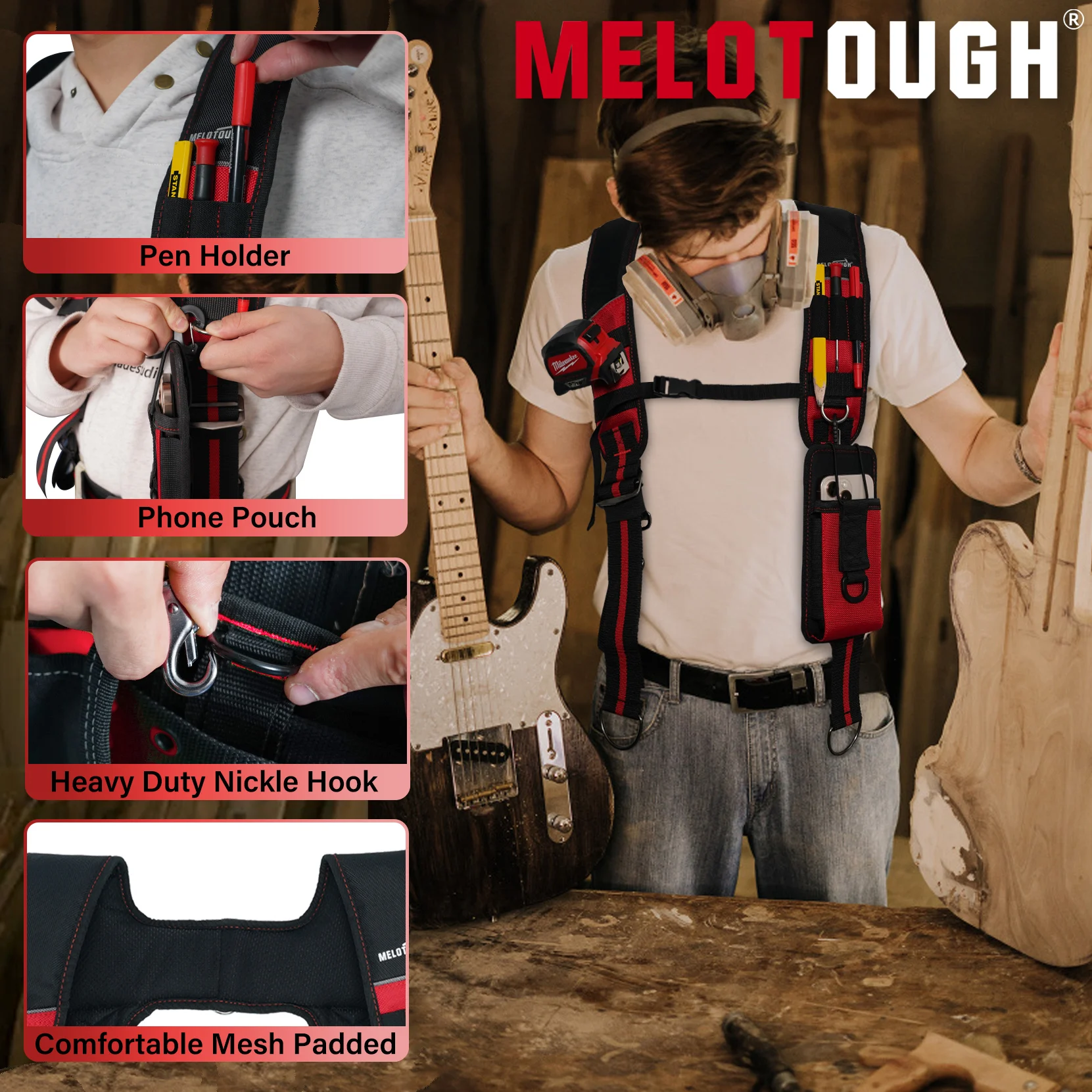 MELOTOUGH Tool Belt Suspenders Construction Bag Suspenders Padded Work Belt Hi Vis Suspenders for Carpenter/Electrician