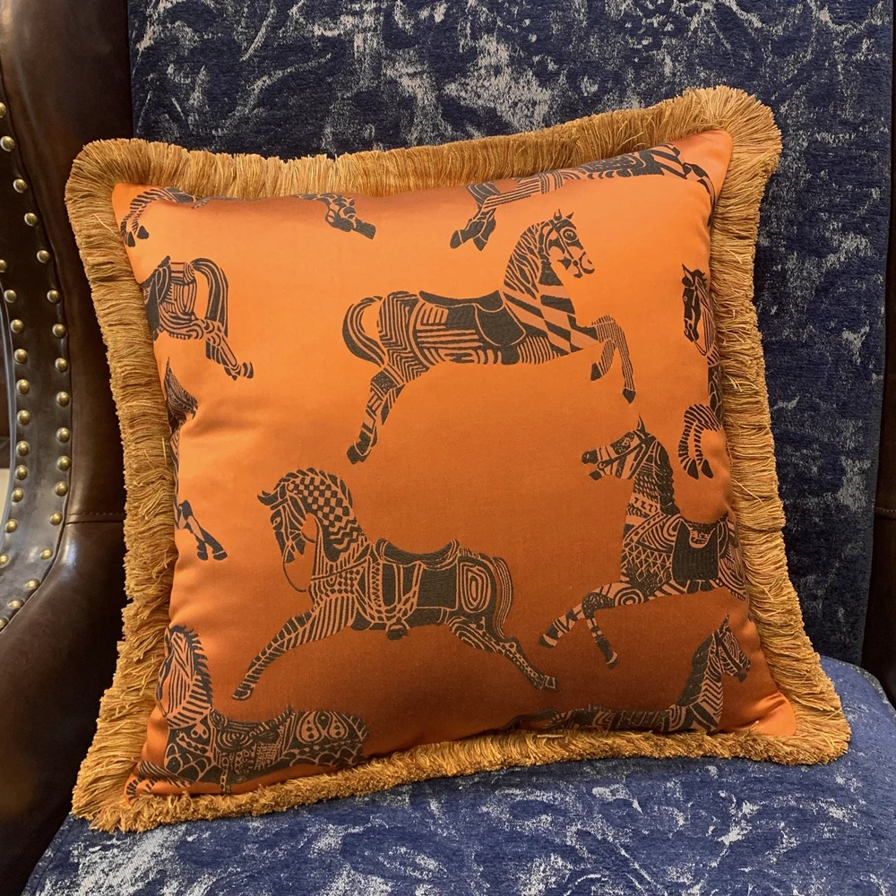 Fashion Soft Pillow Case Orange Horses Woven Interior Designer Quality Fringe Cushion Cover Sofa Window Furnishings 45x45cm