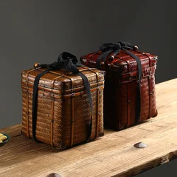 Chinese Bamboo Weaving Square Storage Box Tea Cage Tea Ceremony Accessories Portable Spring Outing Picnic Basket