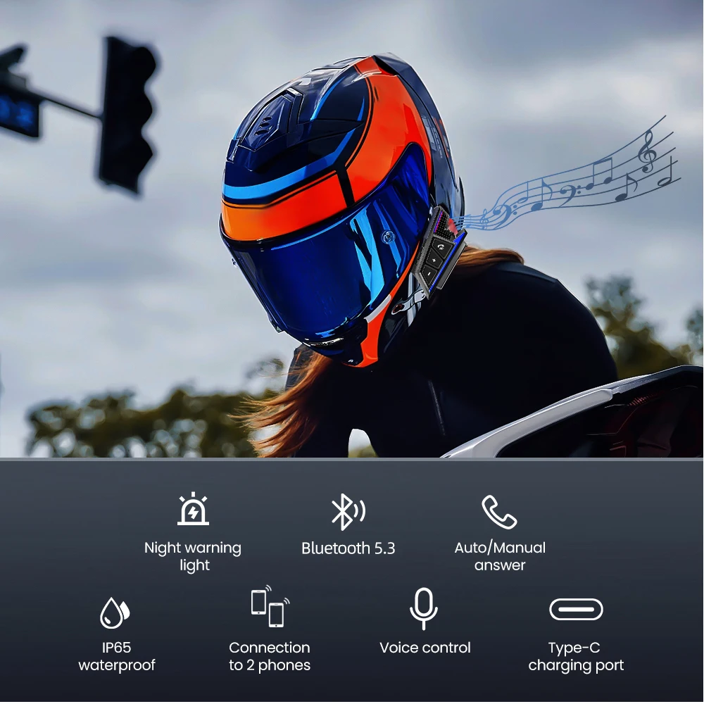 2 Mic Motorcycle Helmet Bluetooth Headset Wireless Hands-free Call Phone Kit Waterproof Motor Earphone With LED Warning Light