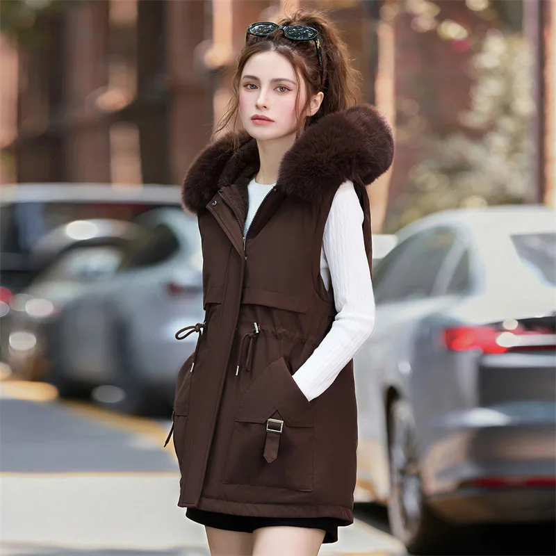 2026 winter new women's detachable sleeves hooded fur collar pie to overcome the sense of fashionable design two wear inside