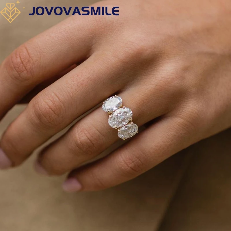 

JOVOVASMILE Moissanite Rings With Certification Original 18k Solid Gold 3 Carat 11x7mm Crushed Ice Oval Center 2ct Three stones