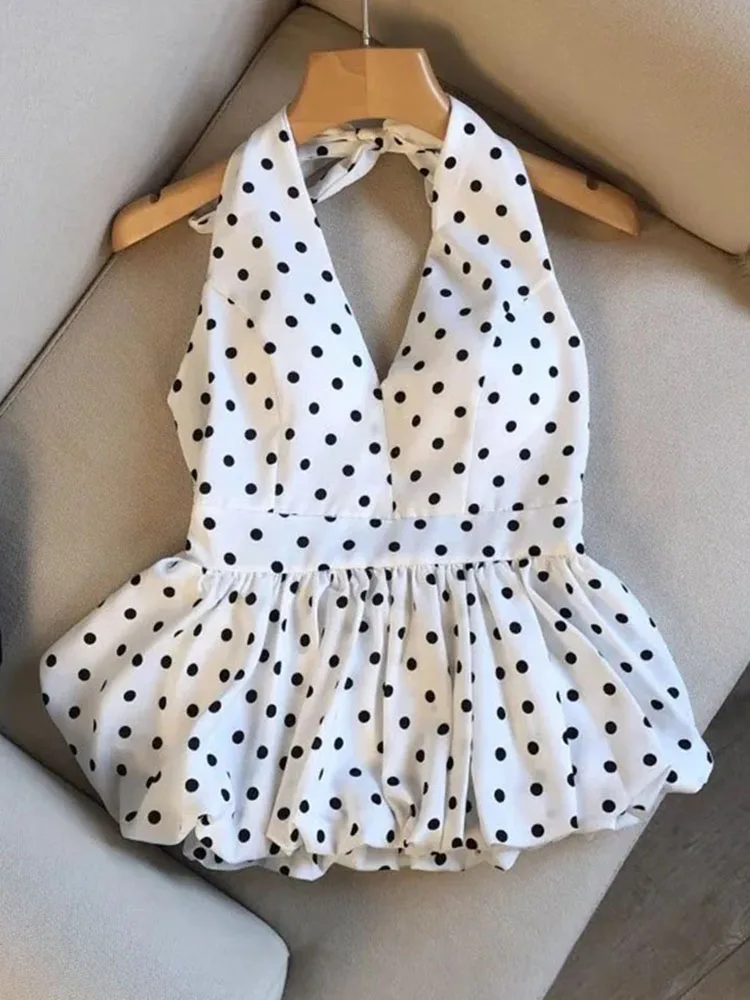 Sexy Polka Dot Print Vest Women 2026 Summer V Neck Halter Backless Folds Waist Slim Tanks Elegant Sleeveless Y2k Tops