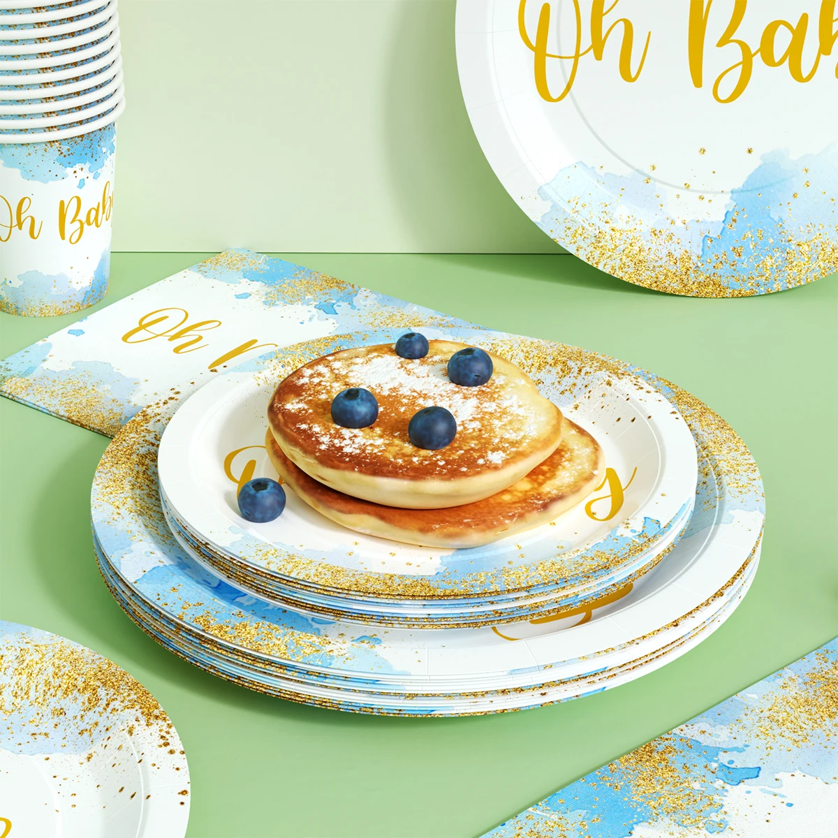 Blue Gold Watercolor Party Tableware Set 96Pcs Disposable Paper Plates Cups Napkins for Baby Shower Gender Reveal Decoration - view 4