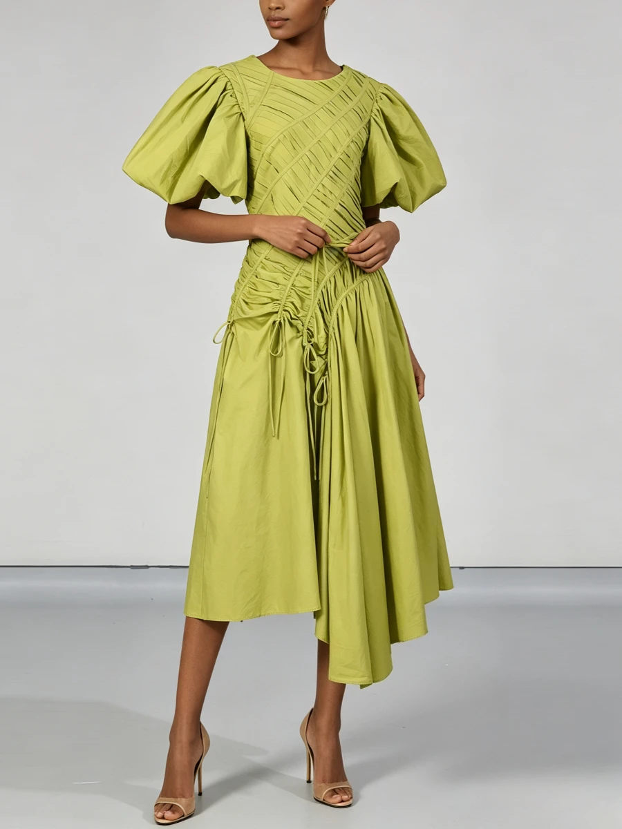 VGH Elegant Irregular Midi Women Dresses Round Neck Puff Sleeve Drawstring Loose Dress for Resort Casual Gathering Summer New