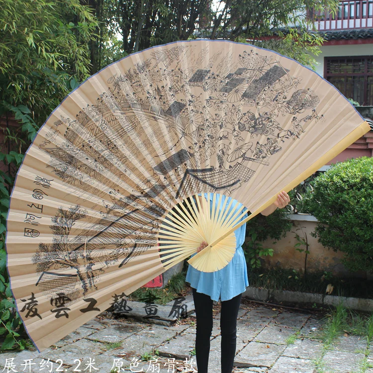 Chinese style retro decorative large fan large hanging fan, Qingming Shanghetu silk folding fan craft fan, gift fan