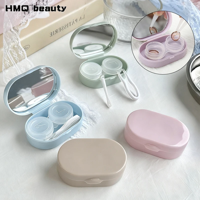 Estuche multifuncional para lentes de contacto con espejo, portátil para viaje, de color sólido, con tapa, contenedor, soporte, caja de almacenamiento y remojo.