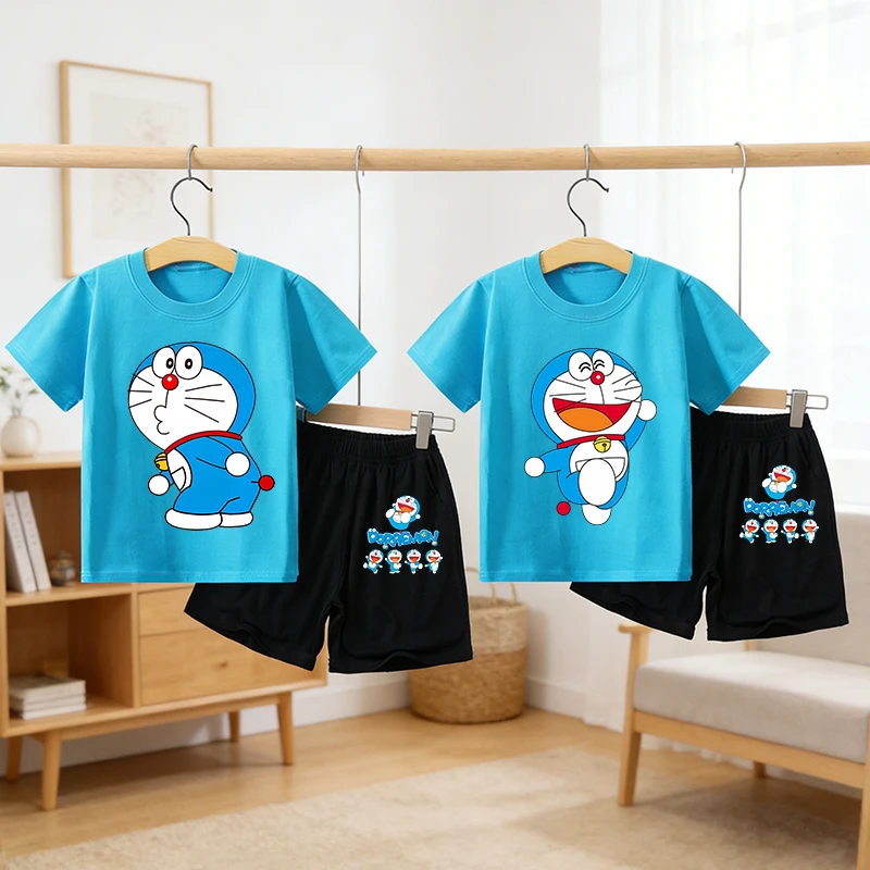 

Doraemon Children T-shirt Set Cute Cartoon Tees Boy Girl Short Sleeves Shorts 2pcs Set Kid Blue Top Summer Clothes Birthday Gift