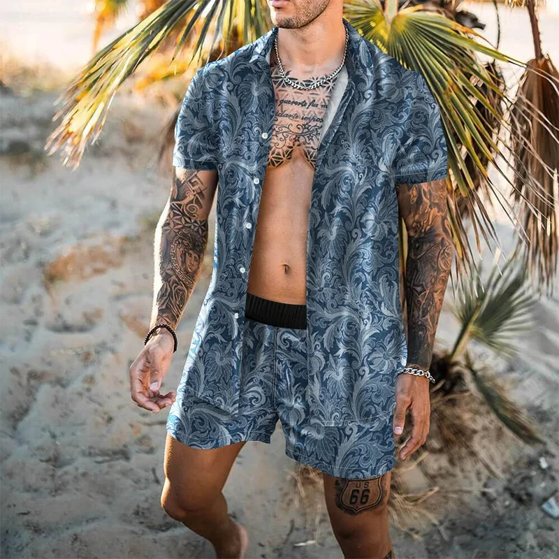 Hawaiian Cardigan 2Pcs Sets Summer 3D Leopard Print Short Sleeve Button Shirt Beach Shorts Holiday Men\'s Daily Two Piece Suit