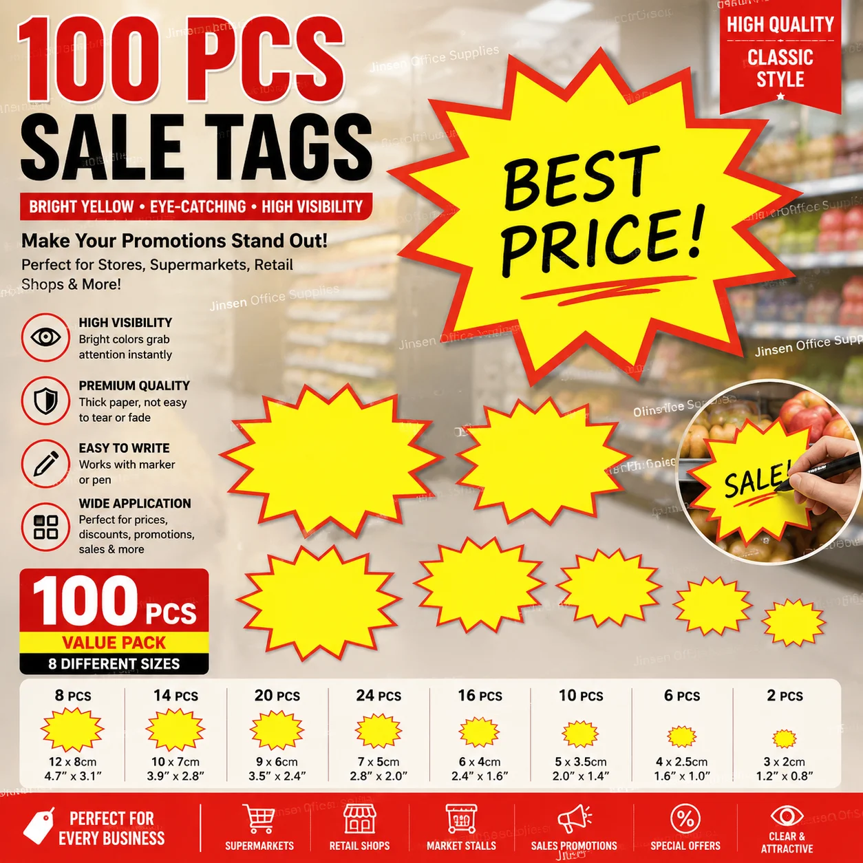 

100pcs Yellow Card Pricing Labels Commodity Price Tag Shop Tags Promotional Advertising Stickers Retail Business Sales