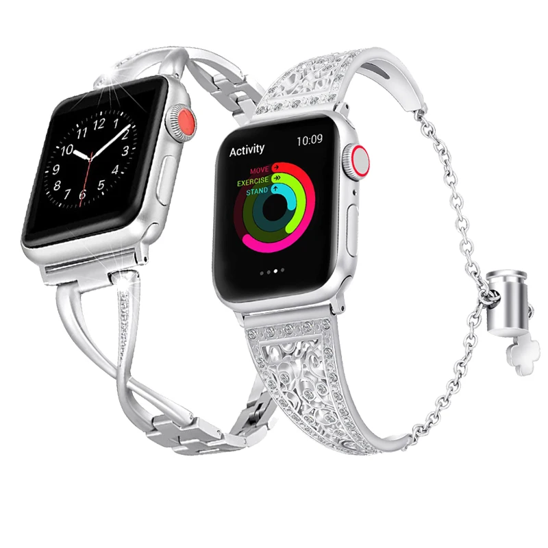 2 Stück Diamant-Armband für Apple Watch Band Serie 7 6 5 4 3 SE Edelstahl-Armband iWatch Band 45 mm 45mm 41mm 44/40mm 42/38mm