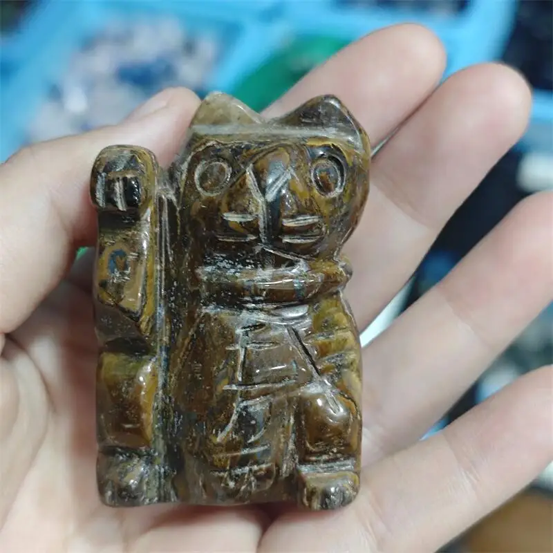 Natural Yellow Tiger Eye Stone Maneki-neko Cat Carving Polishing Magic Reiki Home Room Decoration Holiday Gift 2PCS