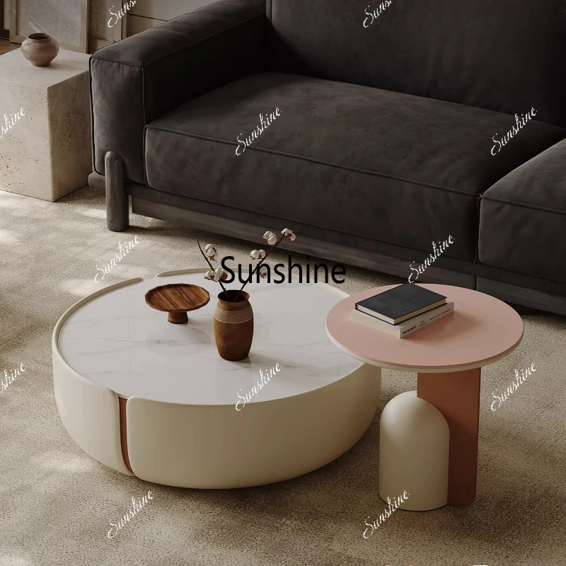 

Wabi Sand Wind Slate Coffee Table Round Living Room Household Small Apartment Cream Wind Coffee Table
