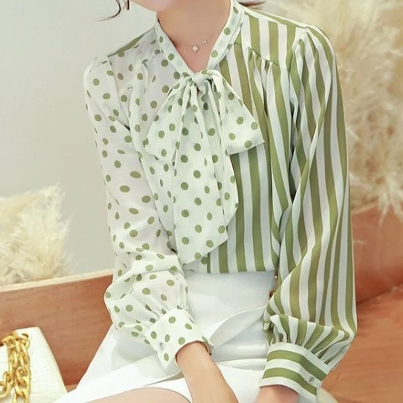 Spring Summer Bow Patchwork Striped Print Thin Blouse Long Sleeve Contrast Loose Office Shirt Tops Elegant Fashion Women Clothes