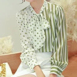 Spring Summer Bow Patchwork Striped Print Thin Blouse Long Sleeve Contrast Loose Office Shirt Tops Elegant Fashion Women Clothes