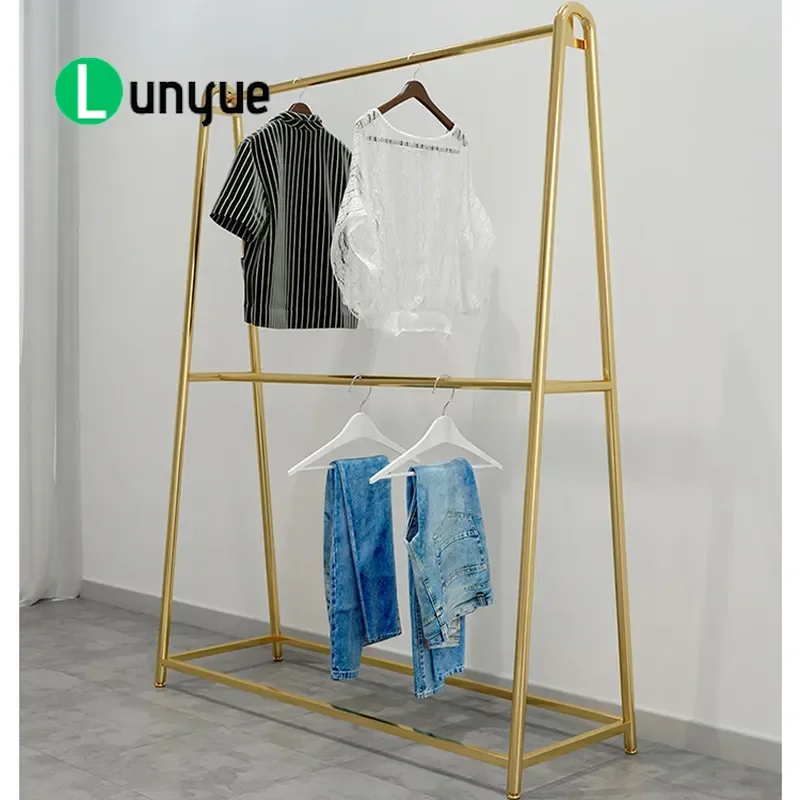 Floor to Ceiling Double Layer Clothing Rack Women's Garment Display Shelf Nano Gold Light Luxury Multi Tier Hanger for Store