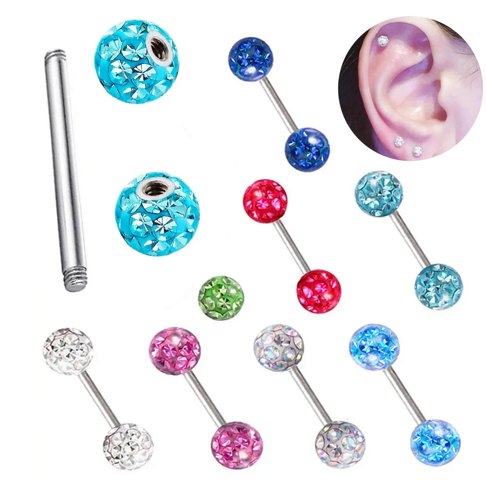 16g 1.2mm Coated Crystal Steel Ear Stud Tragus Helix Cartilage 3/4/5mm CZ Ball 6/8/10/12/14mm Bar Barbell Piercing