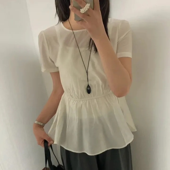 

Chic Summer Casual Loose Waistband Thin Short Sleeve Chiffon Shirt Top Gentle Elastic Waist Versatile Simple Color