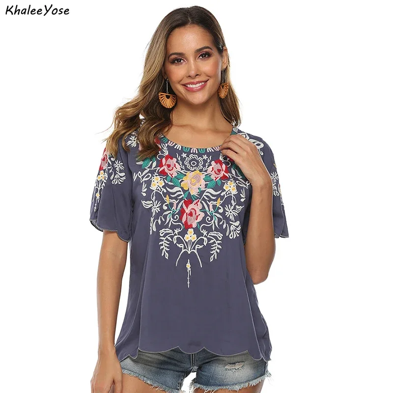 KHALEE YOSE Floral Embroidery Blouses Top Loose Summer Boho Mexican Women Shirt Short Sleeve 23xl Ethnic Hippie Shirt Blouse