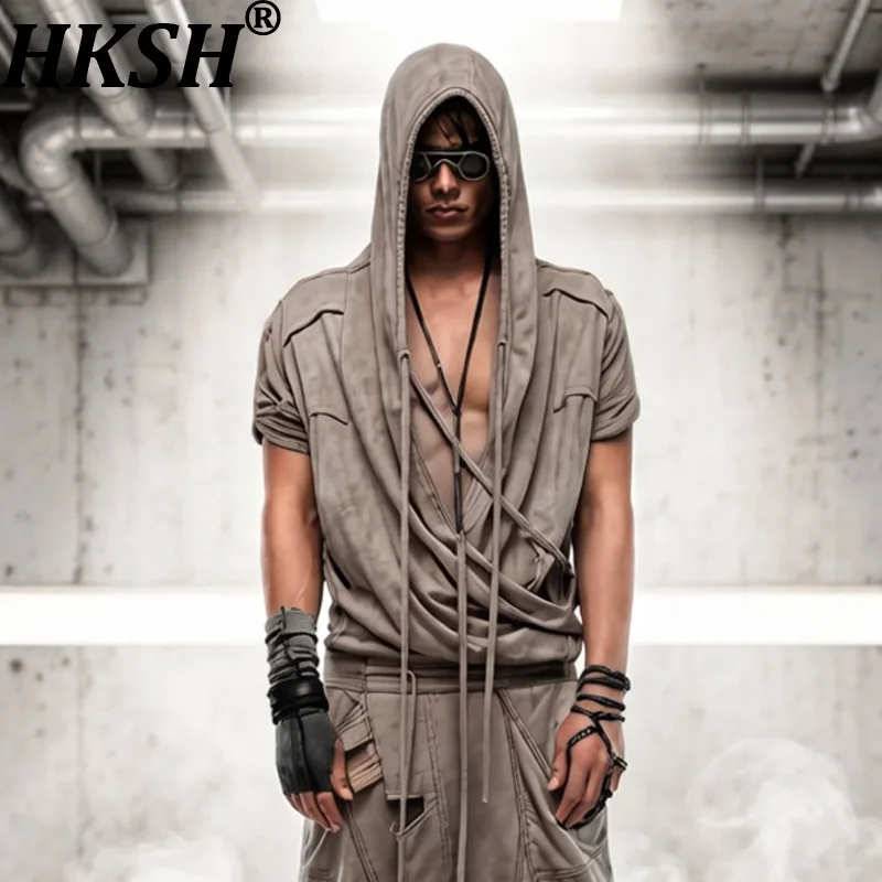 HKSH Summer New Men Tide Dark Waste Land Dark Asymmetrical Hooded Dirty-Dyed Vintage Pleated Cotton Short Sleeve T-shirt HK20110