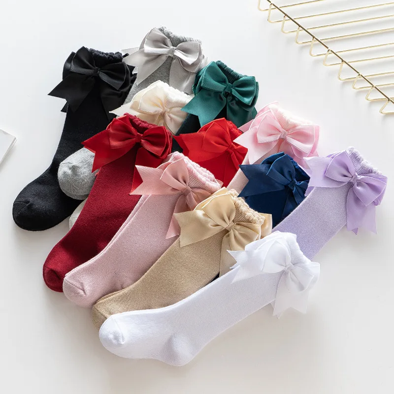 20pair Girls Solid Socks With Bows 100% Cotton Baby Children Spanish Socks Toddlers Long Socks Kids Princess Knee High Socken