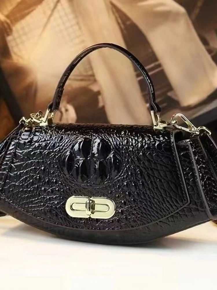 Crossbody Bag Single Shoulder Alligator Pattern Women's Handbag Medium Size PU Leather Nylon  Lock Buckle Closure